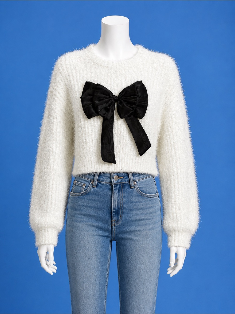 Simply Southern White Fuzzy Pullover sweater with Black Satin Bow